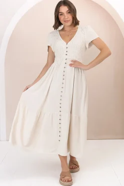 Stephan Midi Dress - Cap Sleeve Tortoiseshell Button-Down Tiered Dress in Cream>Salty Crush Discount