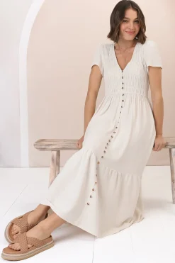 Stephan Midi Dress - Cap Sleeve Tortoiseshell Button-Down Tiered Dress in Cream>Salty Crush Discount