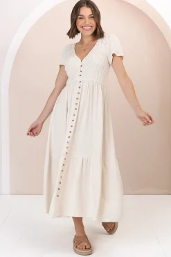 Stephan Midi Dress - Cap Sleeve Tortoiseshell Button-Down Tiered Dress in Cream><noscript><img width=