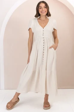 Stephan Midi Dress - Cap Sleeve Tortoiseshell Button-Down Tiered Dress in Cream><noscript><img width=