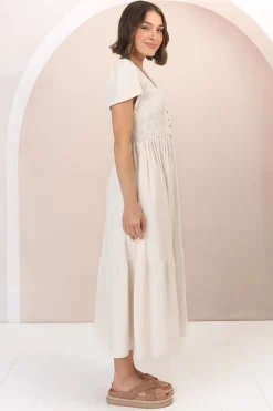 Stephan Midi Dress - Cap Sleeve Tortoiseshell Button-Down Tiered Dress in Cream><noscript><img width=