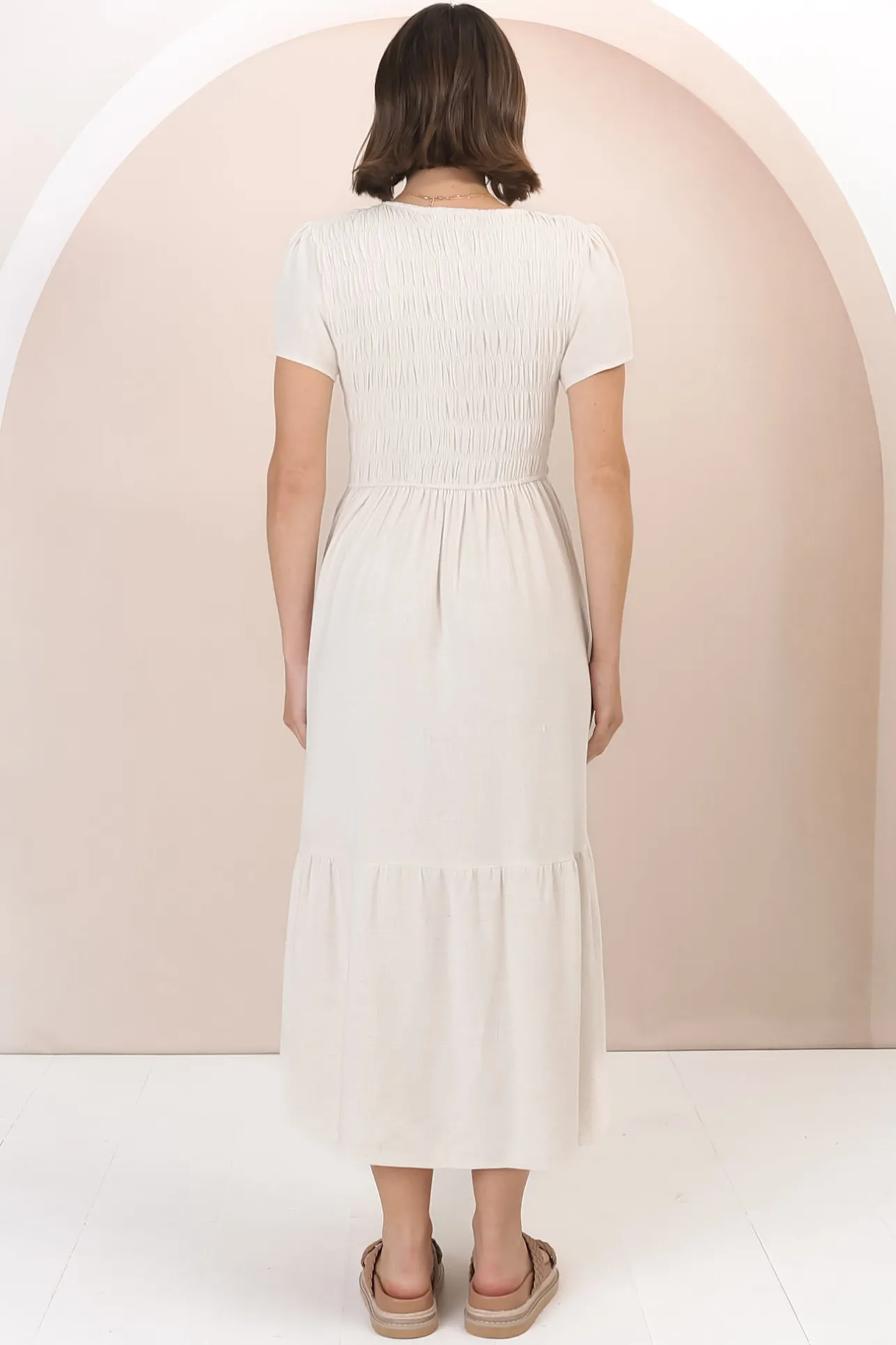 Stephan Midi Dress - Cap Sleeve Tortoiseshell Button-Down Tiered Dress in Cream>Salty Crush Discount