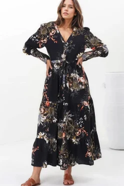 Stephanie Maxi Dress - V-Neck Buttoned Down Dress with Pull Tie Waist in Indigo Print><noscript><img width=