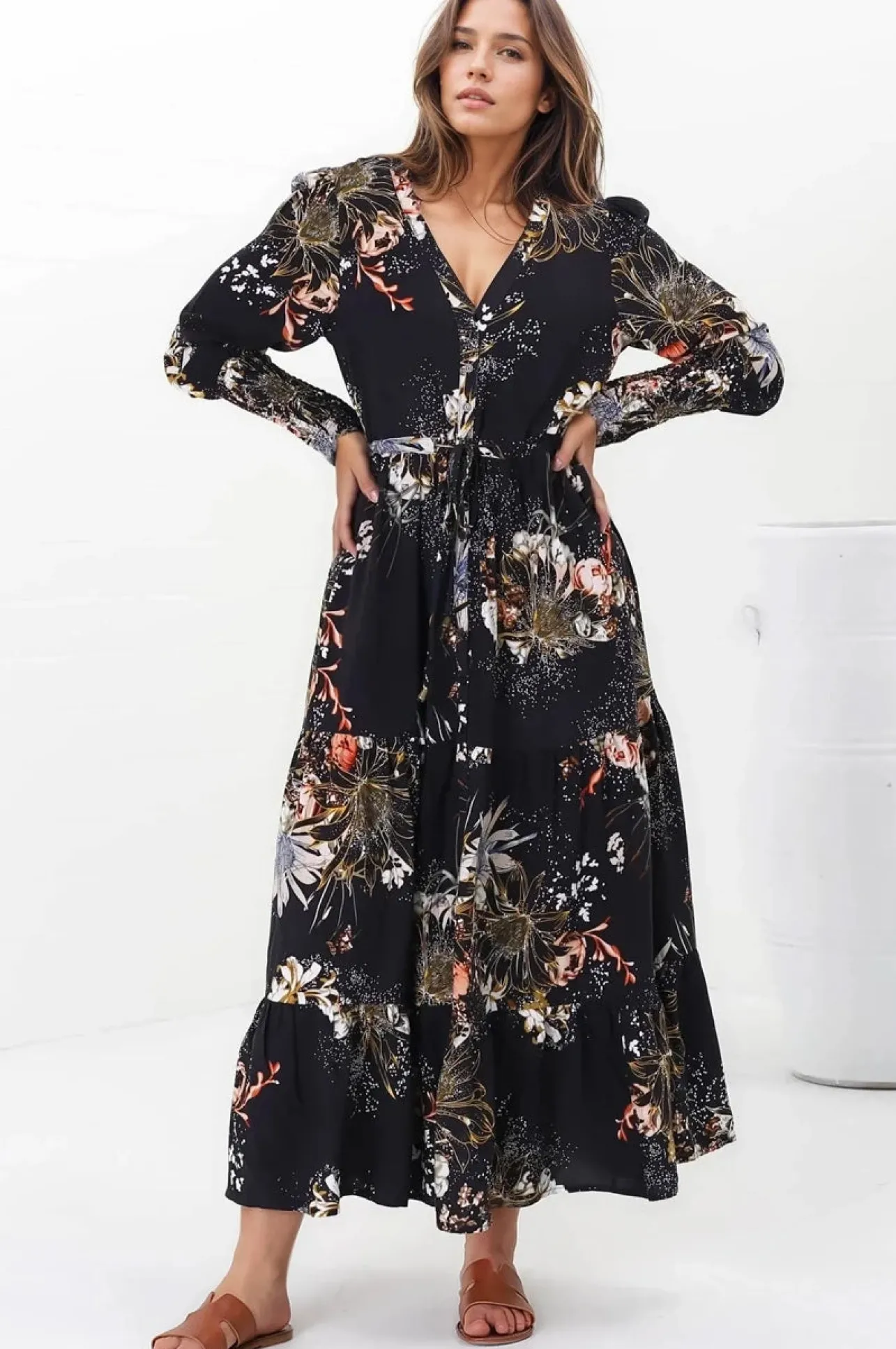 Stephanie Maxi Dress - V-Neck Buttoned Down Dress with Pull Tie Waist in Indigo Print>Jaase Clearance