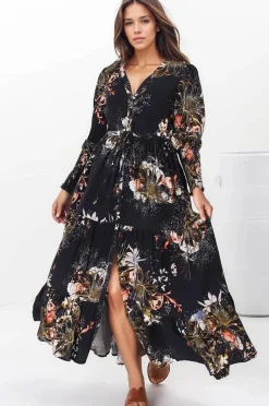Stephanie Maxi Dress - V-Neck Buttoned Down Dress with Pull Tie Waist in Indigo Print><noscript><img width=