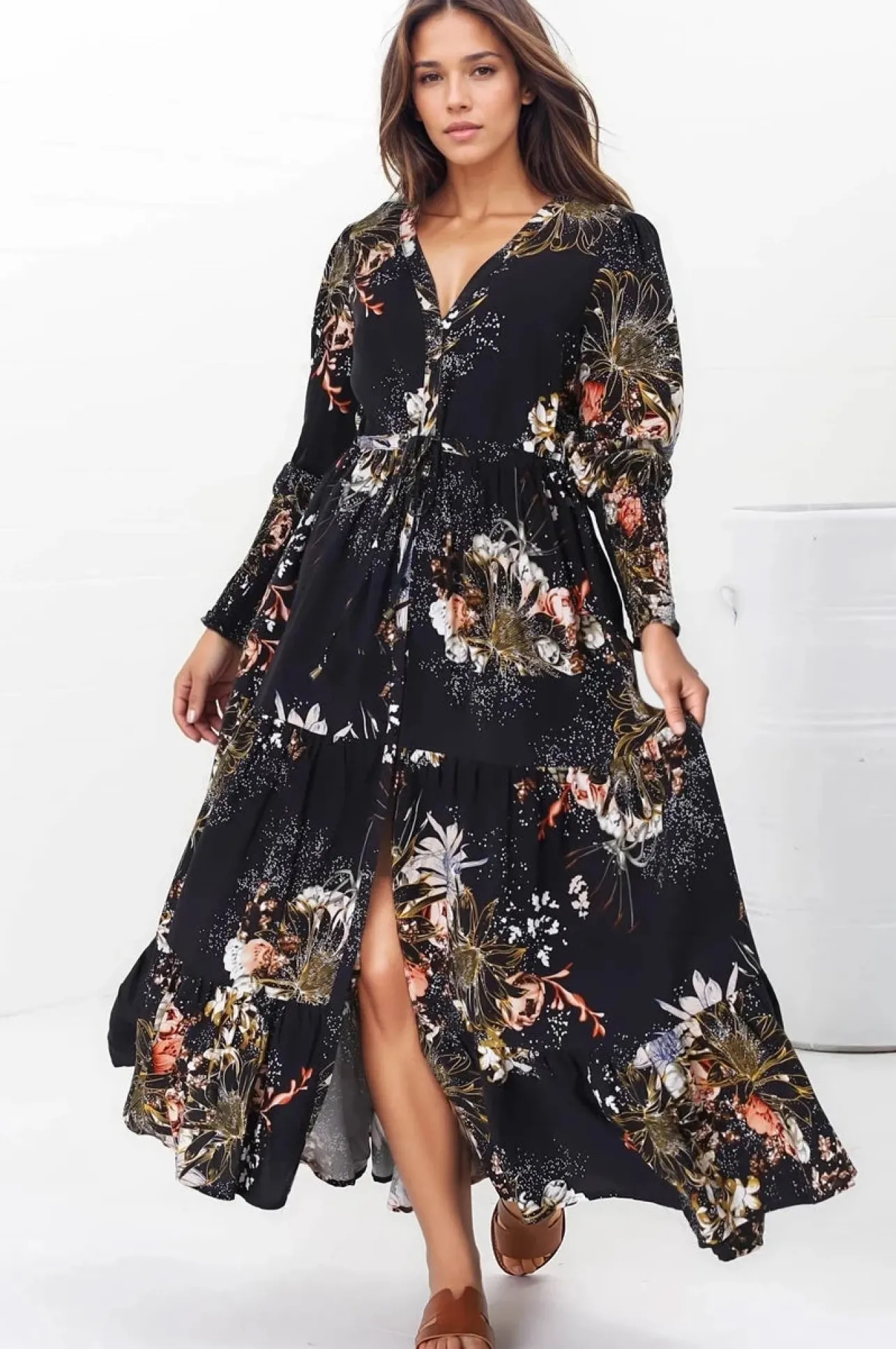 Stephanie Maxi Dress - V-Neck Buttoned Down Dress with Pull Tie Waist in Indigo Print>Jaase Clearance