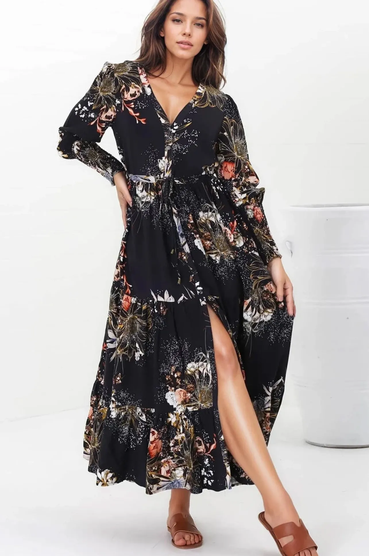 Stephanie Maxi Dress - V-Neck Buttoned Down Dress with Pull Tie Waist in Indigo Print>Jaase Clearance