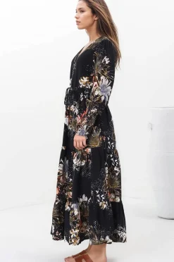Stephanie Maxi Dress - V-Neck Buttoned Down Dress with Pull Tie Waist in Indigo Print><noscript><img width=