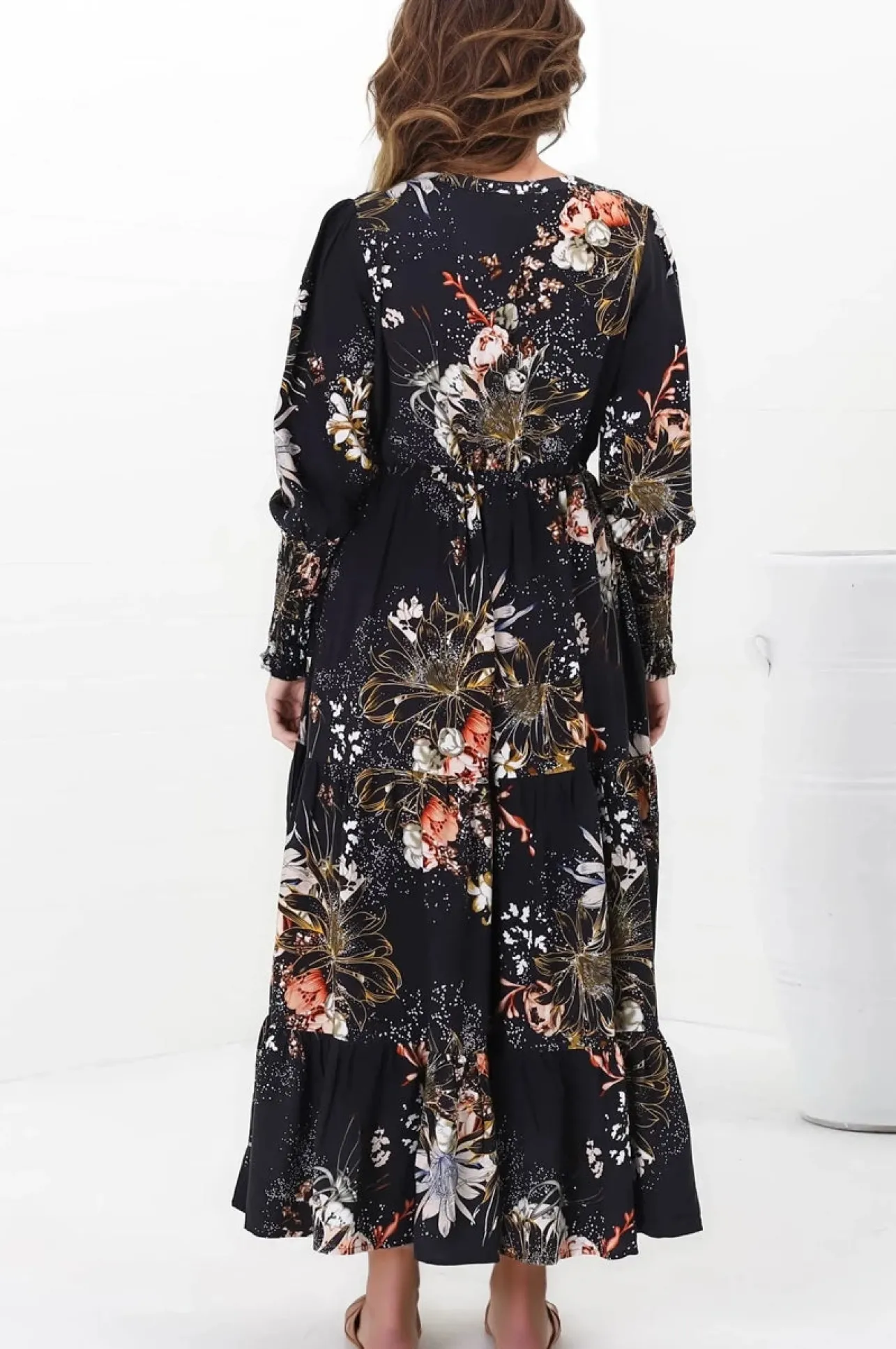Stephanie Maxi Dress - V-Neck Buttoned Down Dress with Pull Tie Waist in Indigo Print>Jaase Clearance