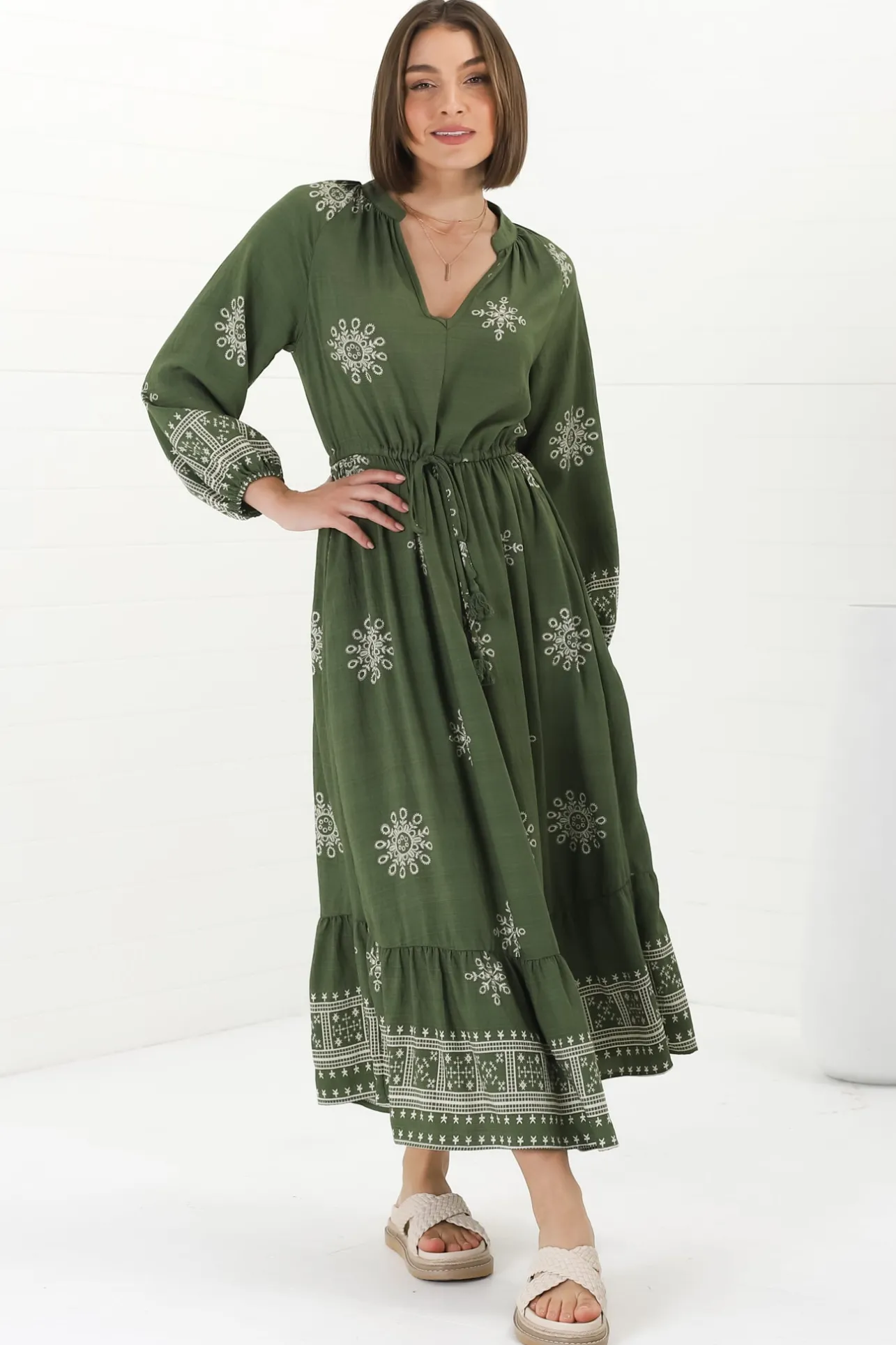 Sullivan Midi Dress - Mandarin Collar 3/4 Sleeve Dress with Pull Tie Waist in Lula Print Green>Salty Crush Clearance