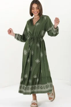 Sullivan Midi Dress - Mandarin Collar 3/4 Sleeve Dress with Pull Tie Waist in Lula Print Green>Salty Crush Clearance