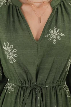 Sullivan Midi Dress - Mandarin Collar 3/4 Sleeve Dress with Pull Tie Waist in Lula Print Green><noscript><img width=