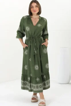 Sullivan Midi Dress - Mandarin Collar 3/4 Sleeve Dress with Pull Tie Waist in Lula Print Green><noscript><img width=