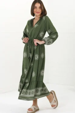 Sullivan Midi Dress - Mandarin Collar 3/4 Sleeve Dress with Pull Tie Waist in Lula Print Green><noscript><img width=