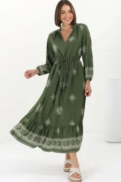 Sullivan Midi Dress - Mandarin Collar 3/4 Sleeve Dress with Pull Tie Waist in Lula Print Green><noscript><img width=