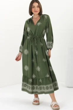 Sullivan Midi Dress - Mandarin Collar 3/4 Sleeve Dress with Pull Tie Waist in Lula Print Green><noscript><img width=