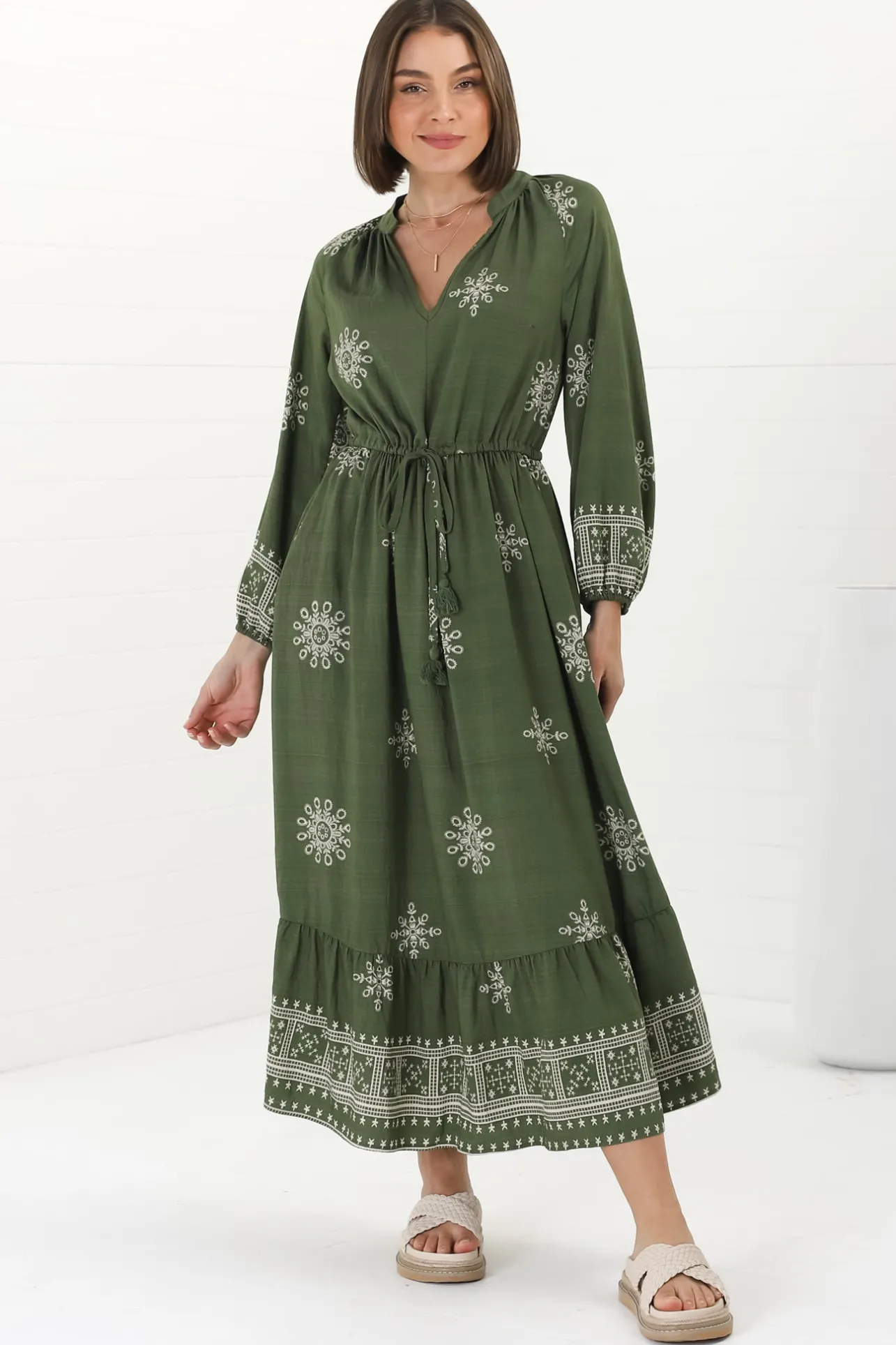 Sullivan Midi Dress - Mandarin Collar 3/4 Sleeve Dress with Pull Tie Waist in Lula Print Green>Salty Crush Clearance