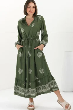 Sullivan Midi Dress - Mandarin Collar 3/4 Sleeve Dress with Pull Tie Waist in Lula Print Green><noscript><img width=