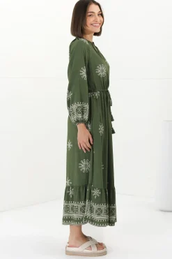 Sullivan Midi Dress - Mandarin Collar 3/4 Sleeve Dress with Pull Tie Waist in Lula Print Green><noscript><img width=