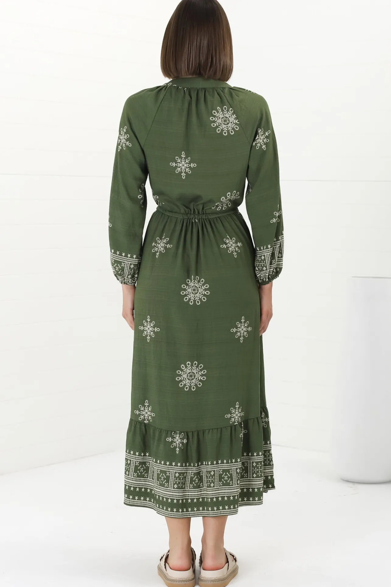 Sullivan Midi Dress - Mandarin Collar 3/4 Sleeve Dress with Pull Tie Waist in Lula Print Green>Salty Crush Clearance
