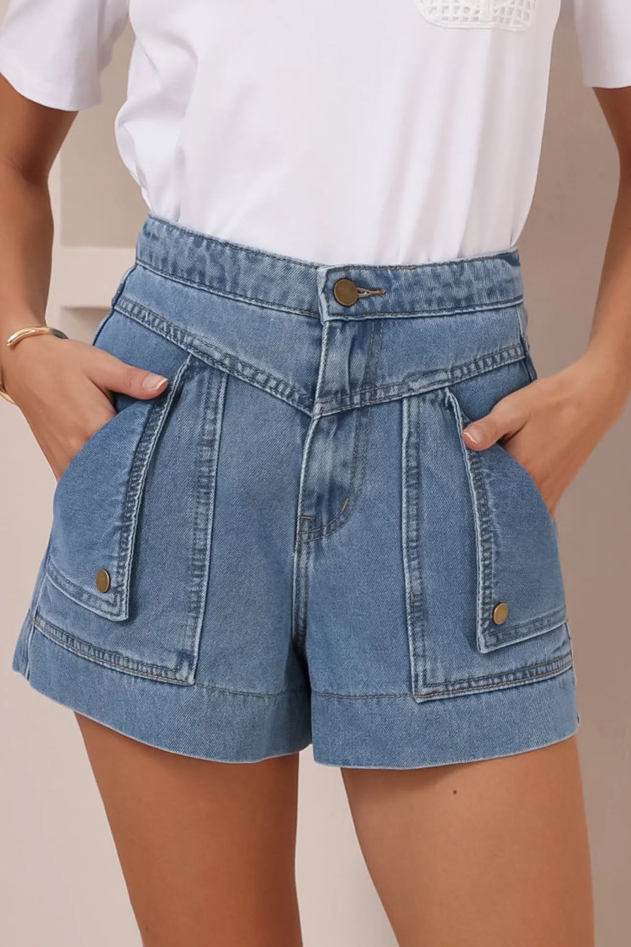 Sullivan Shorts - High Waisted Button Fold Pocket Denim Shorts in Mid Wash Denim>Salty Crush Clearance