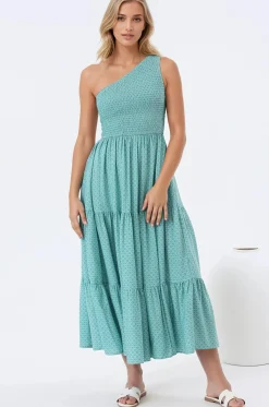 Suzzie Midi Dress - One Shoulder Elasticated Bodice Tiered Dress in Airin Print>Salty Crush Discount