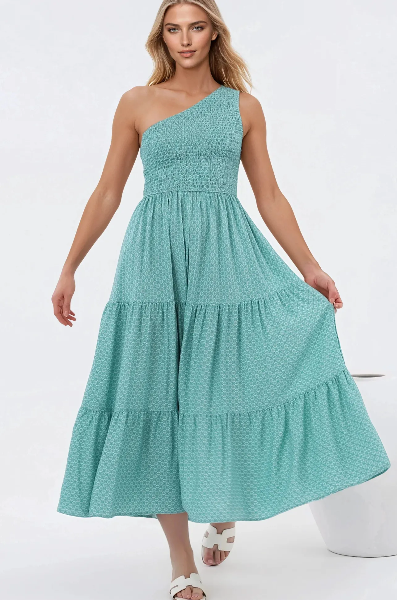 Suzzie Midi Dress - One Shoulder Elasticated Bodice Tiered Dress in Airin Print>Salty Crush Discount