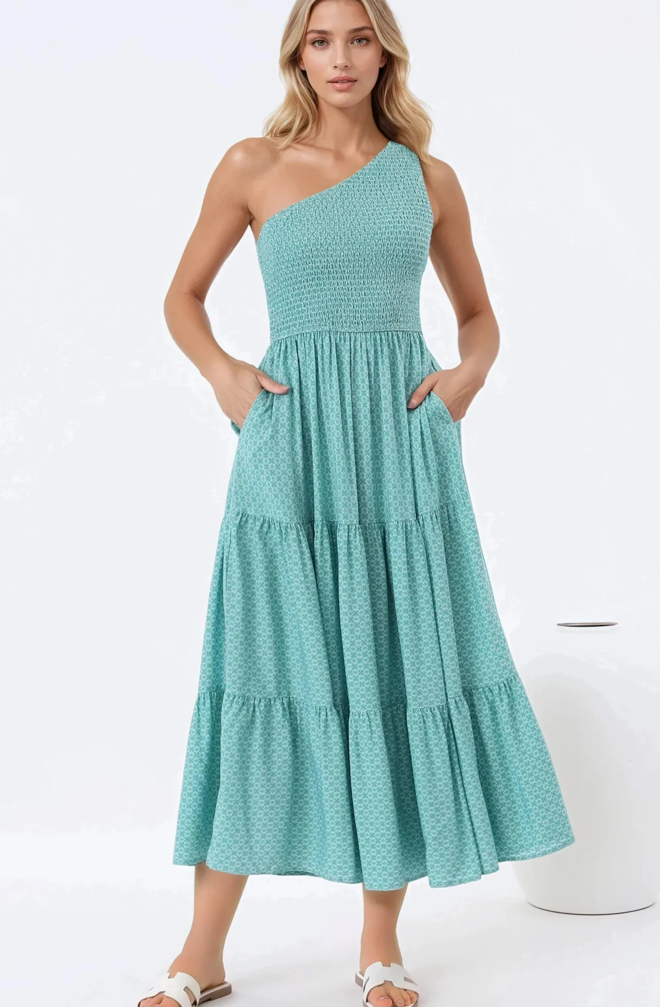 Suzzie Midi Dress - One Shoulder Elasticated Bodice Tiered Dress in Airin Print>Salty Crush Discount