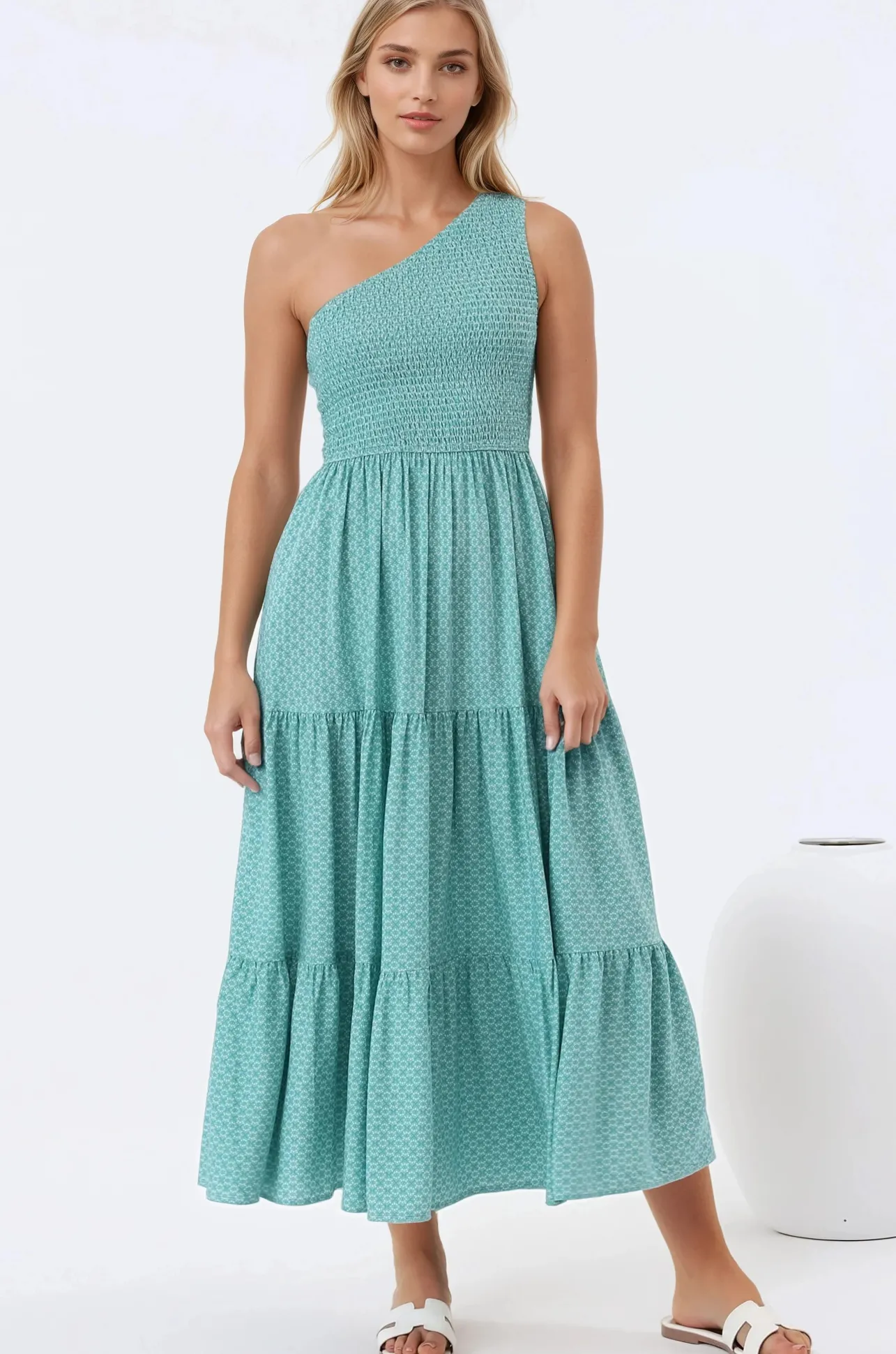 Suzzie Midi Dress - One Shoulder Elasticated Bodice Tiered Dress in Airin Print>Salty Crush Discount