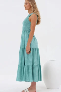 Suzzie Midi Dress - One Shoulder Elasticated Bodice Tiered Dress in Airin Print><noscript><img width=