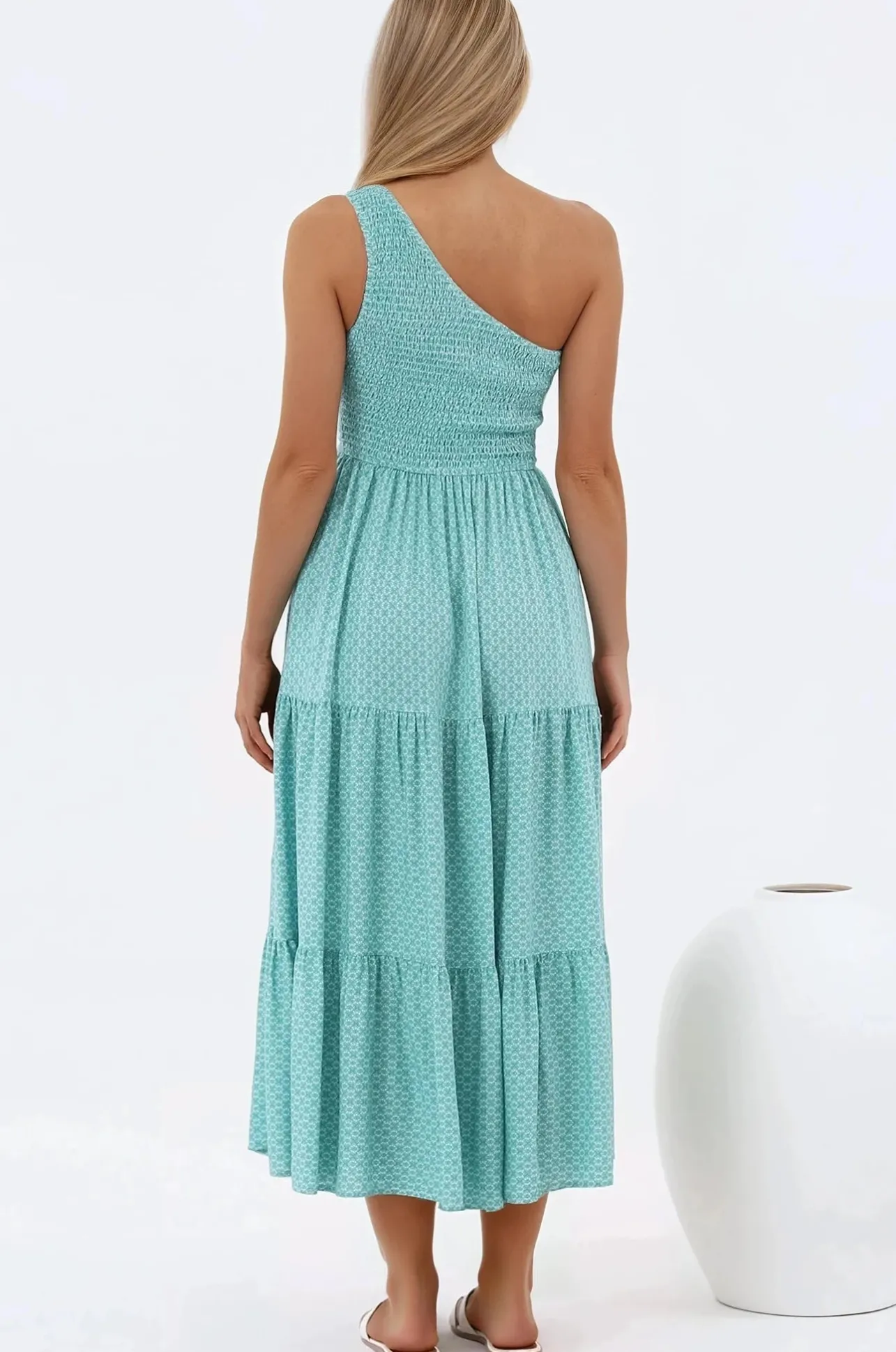 Suzzie Midi Dress - One Shoulder Elasticated Bodice Tiered Dress in Airin Print>Salty Crush Discount