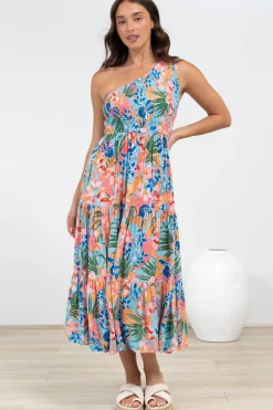 Suzzie Midi Dress - One Shoulder Elasticated Bodice Tiered Dress in Angelitta Print>Salty Crush Outlet
