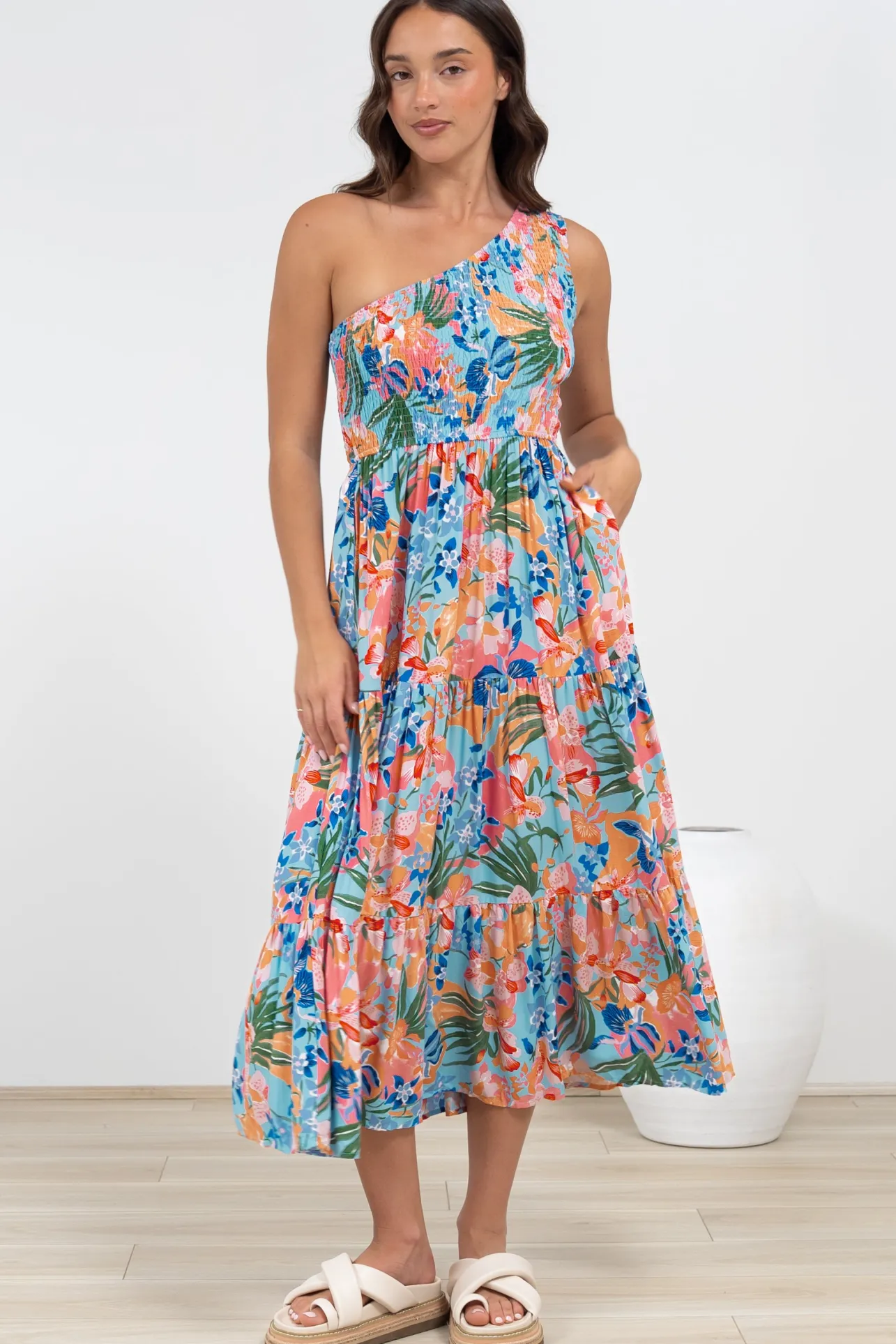Suzzie Midi Dress - One Shoulder Elasticated Bodice Tiered Dress in Angelitta Print>Salty Crush Outlet