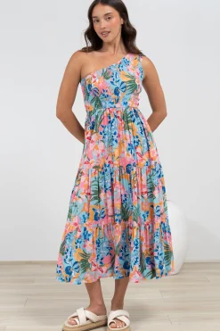 Suzzie Midi Dress - One Shoulder Elasticated Bodice Tiered Dress in Angelitta Print><noscript><img width=