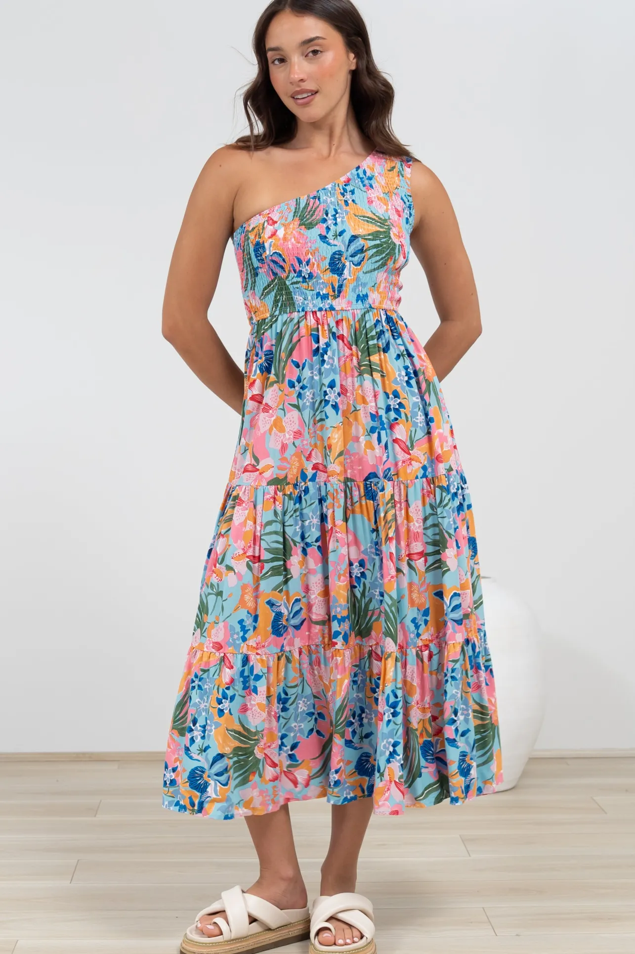Suzzie Midi Dress - One Shoulder Elasticated Bodice Tiered Dress in Angelitta Print>Salty Crush Outlet