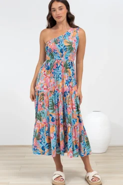 Suzzie Midi Dress - One Shoulder Elasticated Bodice Tiered Dress in Angelitta Print><noscript><img width=