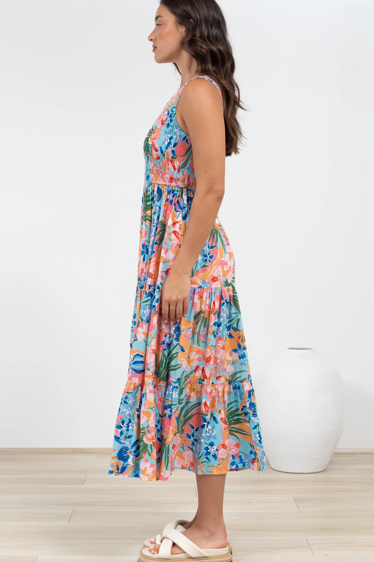 Suzzie Midi Dress - One Shoulder Elasticated Bodice Tiered Dress in Angelitta Print>Salty Crush Outlet