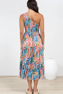 Suzzie Midi Dress - One Shoulder Elasticated Bodice Tiered Dress in Angelitta Print><noscript><img width=