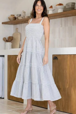 Swift Midi Dress - Elasticated Bodice Tiered Pinstripe Sun Dress in Navy><noscript><img width=