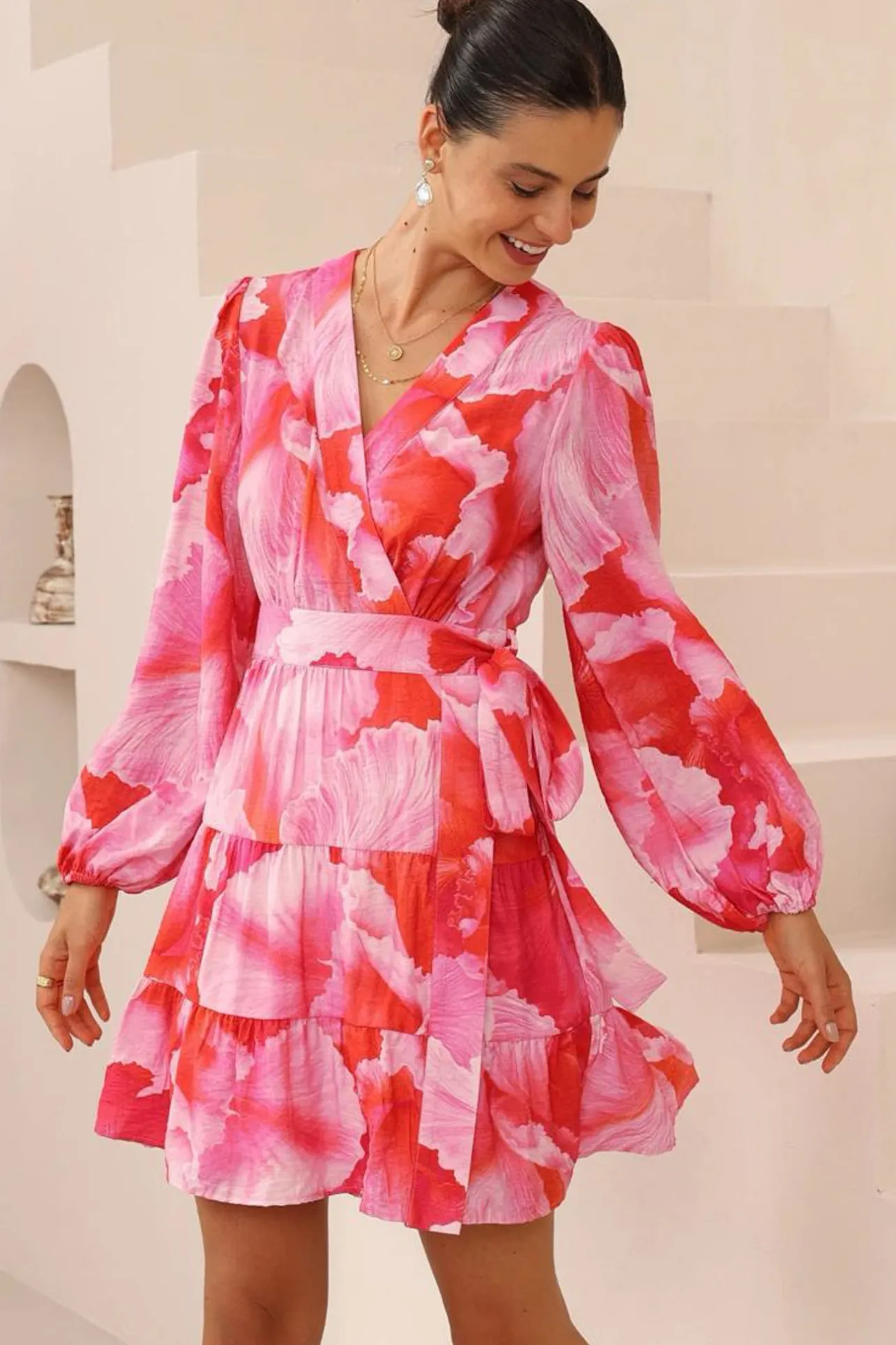 Sybil Mini Dress - Wrap A Line Dress with Long Balloon Sleeves in Greta Print>Salty Crush Best