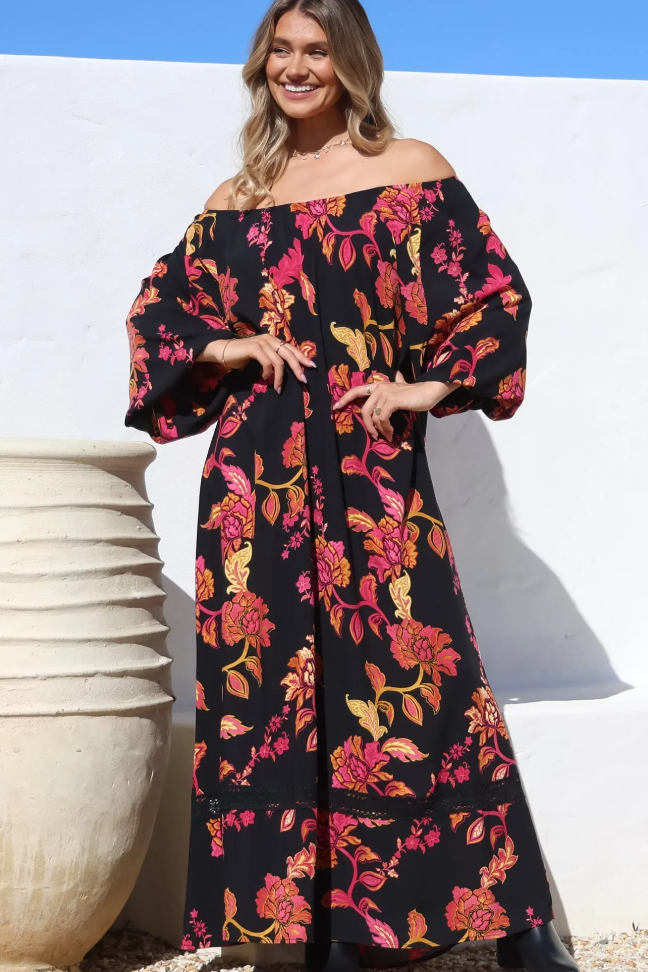 Tai Maxi Dress - On or Off Shoulder Dress with Matching Belt in Valerie Print>Salty Crush Outlet