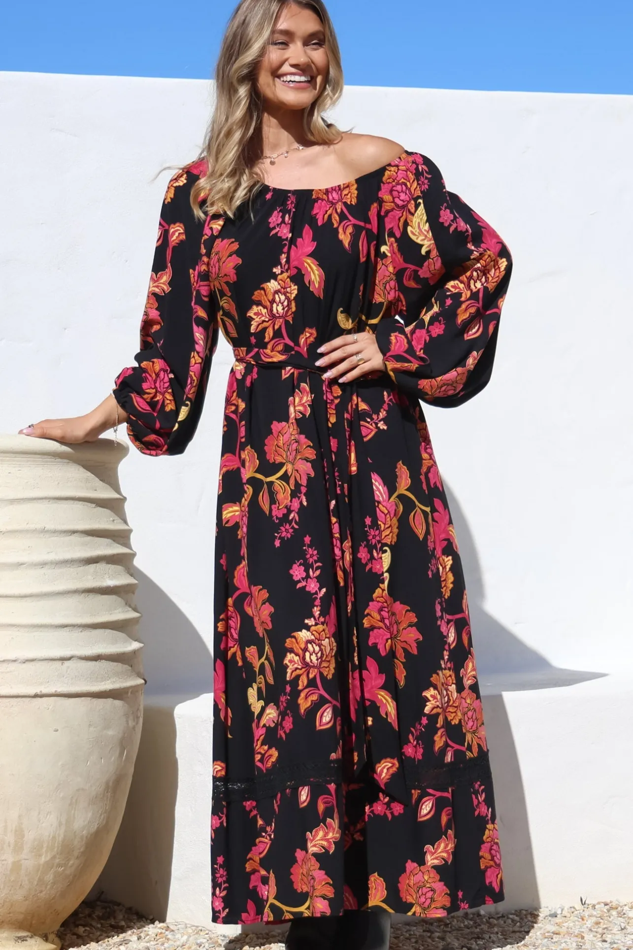 Tai Maxi Dress - On or Off Shoulder Dress with Matching Belt in Valerie Print>Salty Crush Outlet