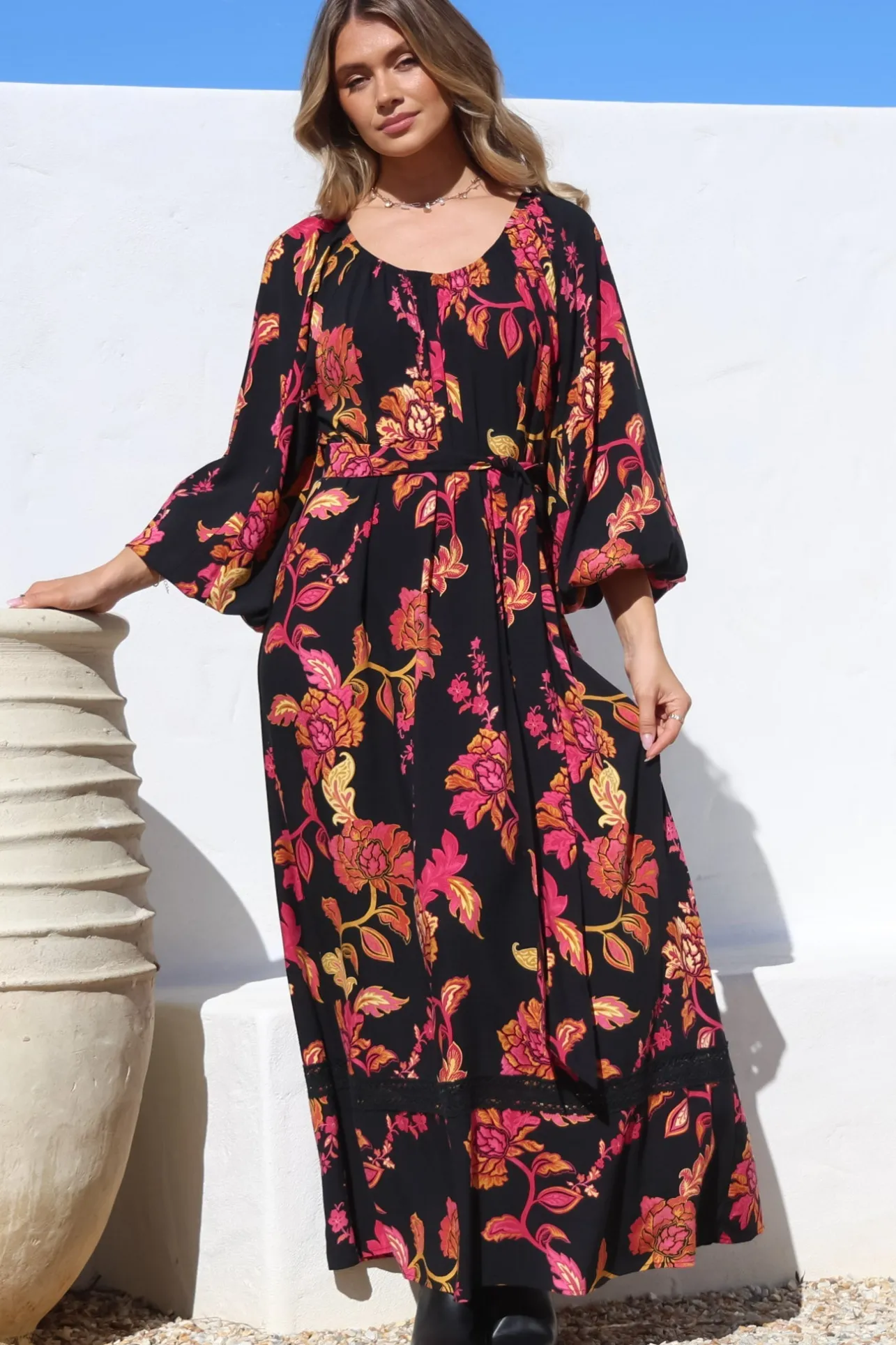 Tai Maxi Dress - On or Off Shoulder Dress with Matching Belt in Valerie Print>Salty Crush Outlet
