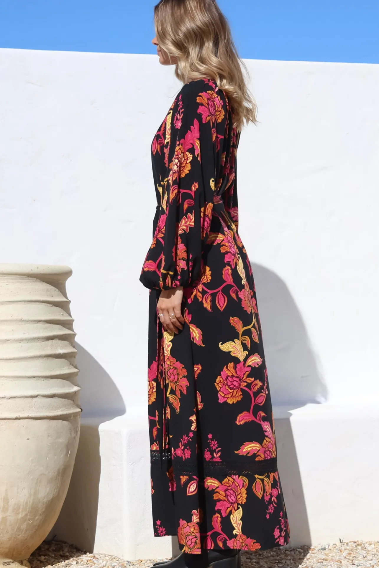 Tai Maxi Dress - On or Off Shoulder Dress with Matching Belt in Valerie Print>Salty Crush Outlet