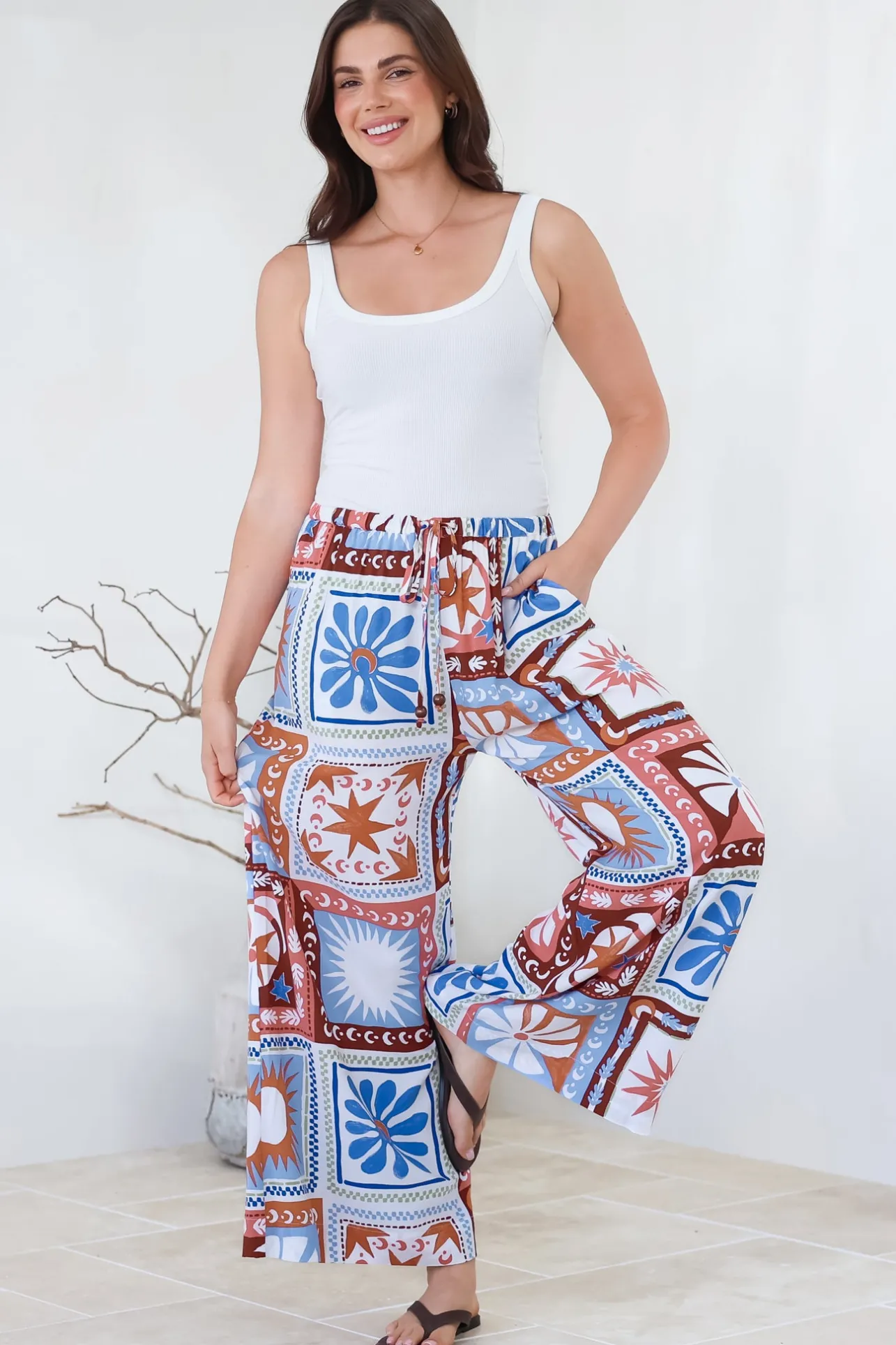 Tarin Pants - High Waisted Wide Leg Pants in Lirael Print>Salty Crush Discount