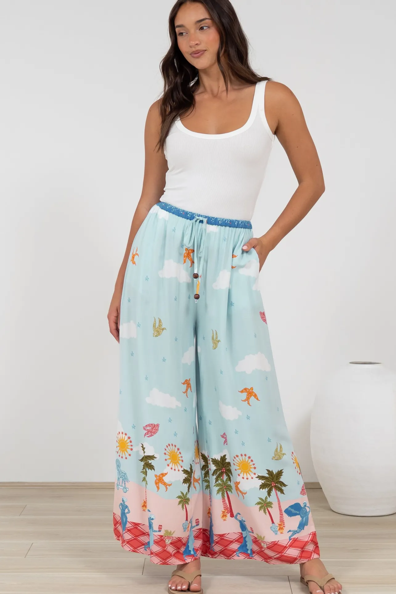Tarin Pants - High Waisted Wide Leg Pants in Staria Print>Salty Crush Outlet
