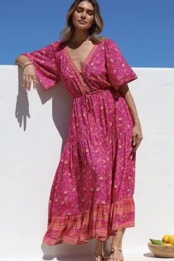 Tassia Maxi Dress - Buttoned Bodice Pull Tie Waist Dress in Quinne Print>Salty Crush Discount