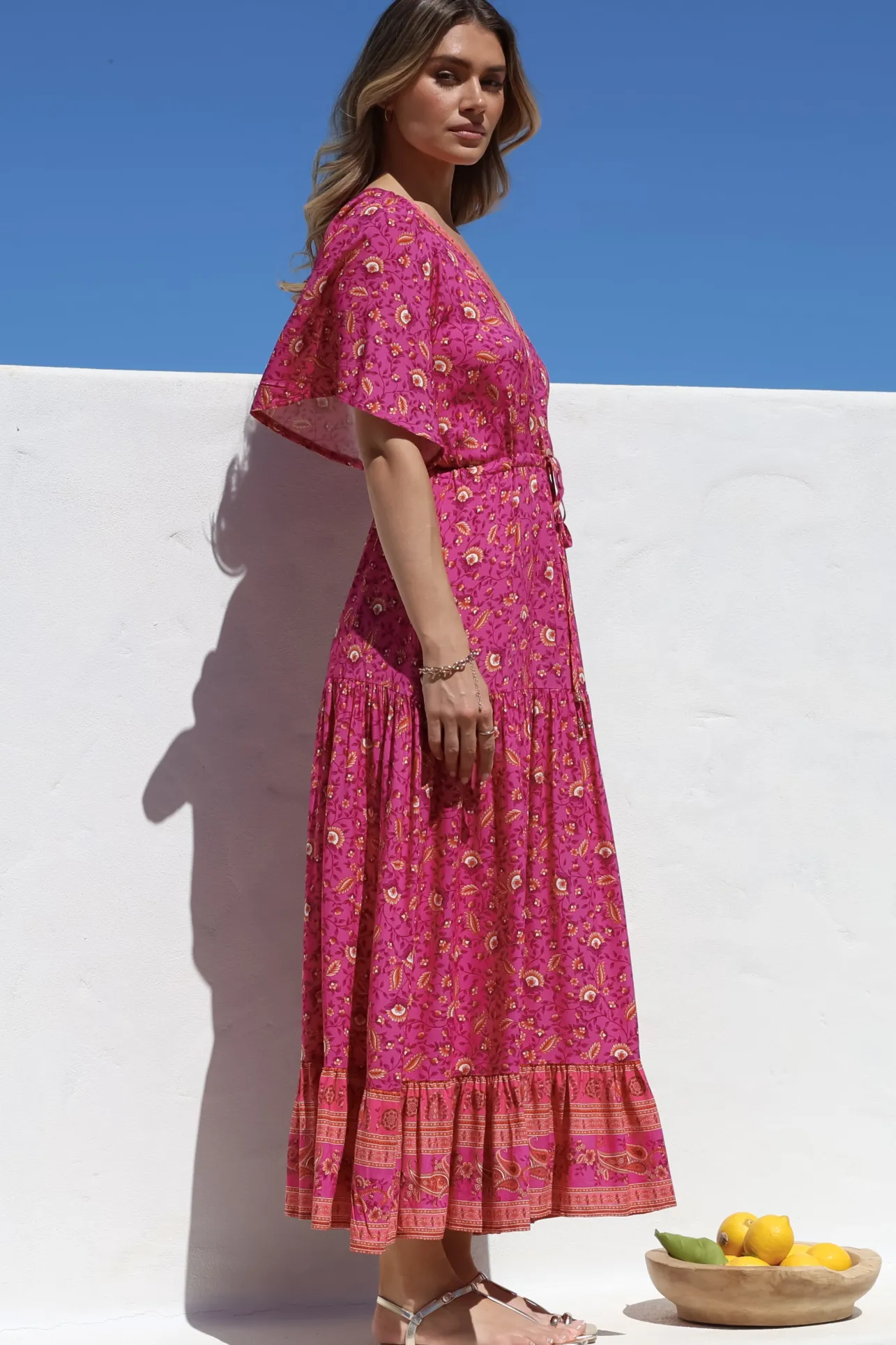 Tassia Maxi Dress - Buttoned Bodice Pull Tie Waist Dress in Quinne Print>Salty Crush Discount