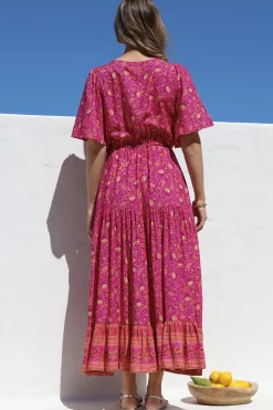 Tassia Maxi Dress - Buttoned Bodice Pull Tie Waist Dress in Quinne Print><noscript><img width=