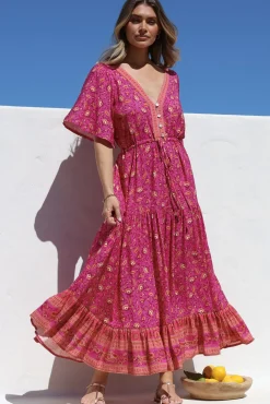 Tassia Maxi Dress - Buttoned Bodice Pull Tie Waist Dress in Quinne Print><noscript><img width=